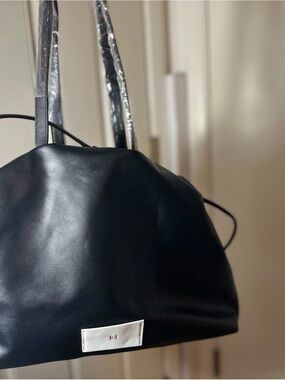 Black Leather Tote Handbag with Subtle Logo Patch